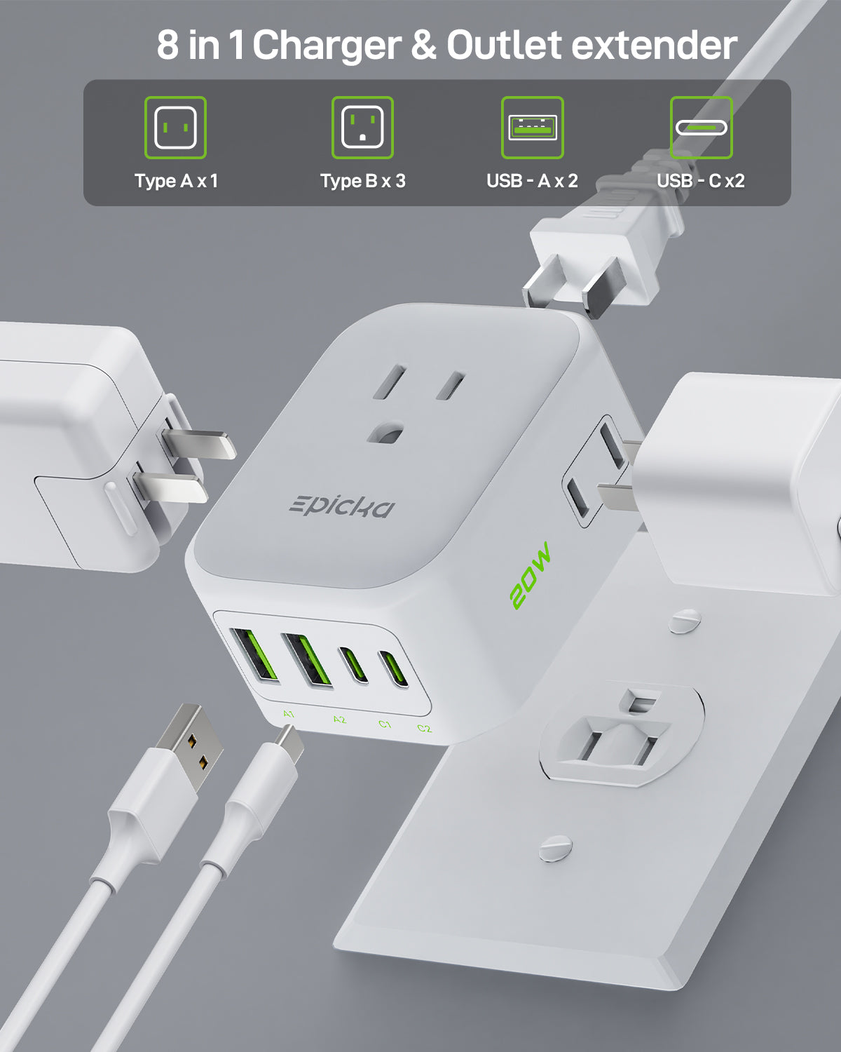 Hybrid 8-in-1 Abroad Travel Adapter with 20W Fast Charging