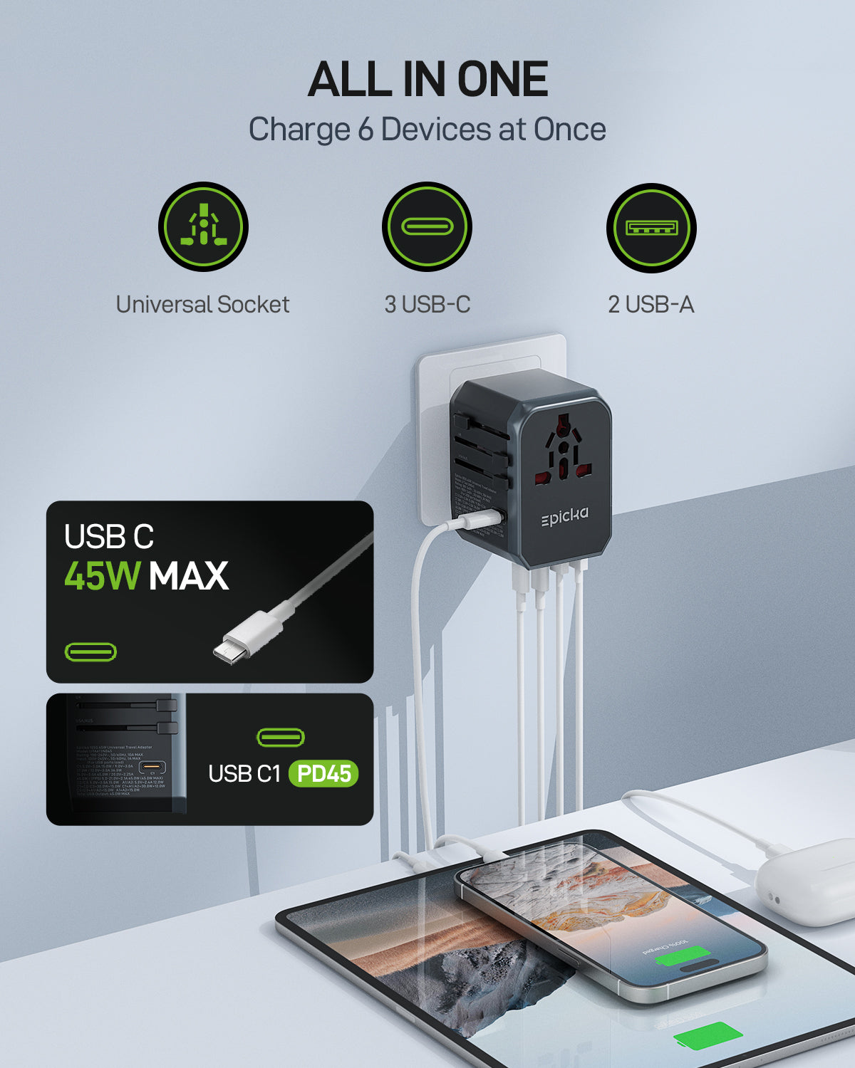 TA-105S GaN 45W Fast Charging Universal Travel Adapter