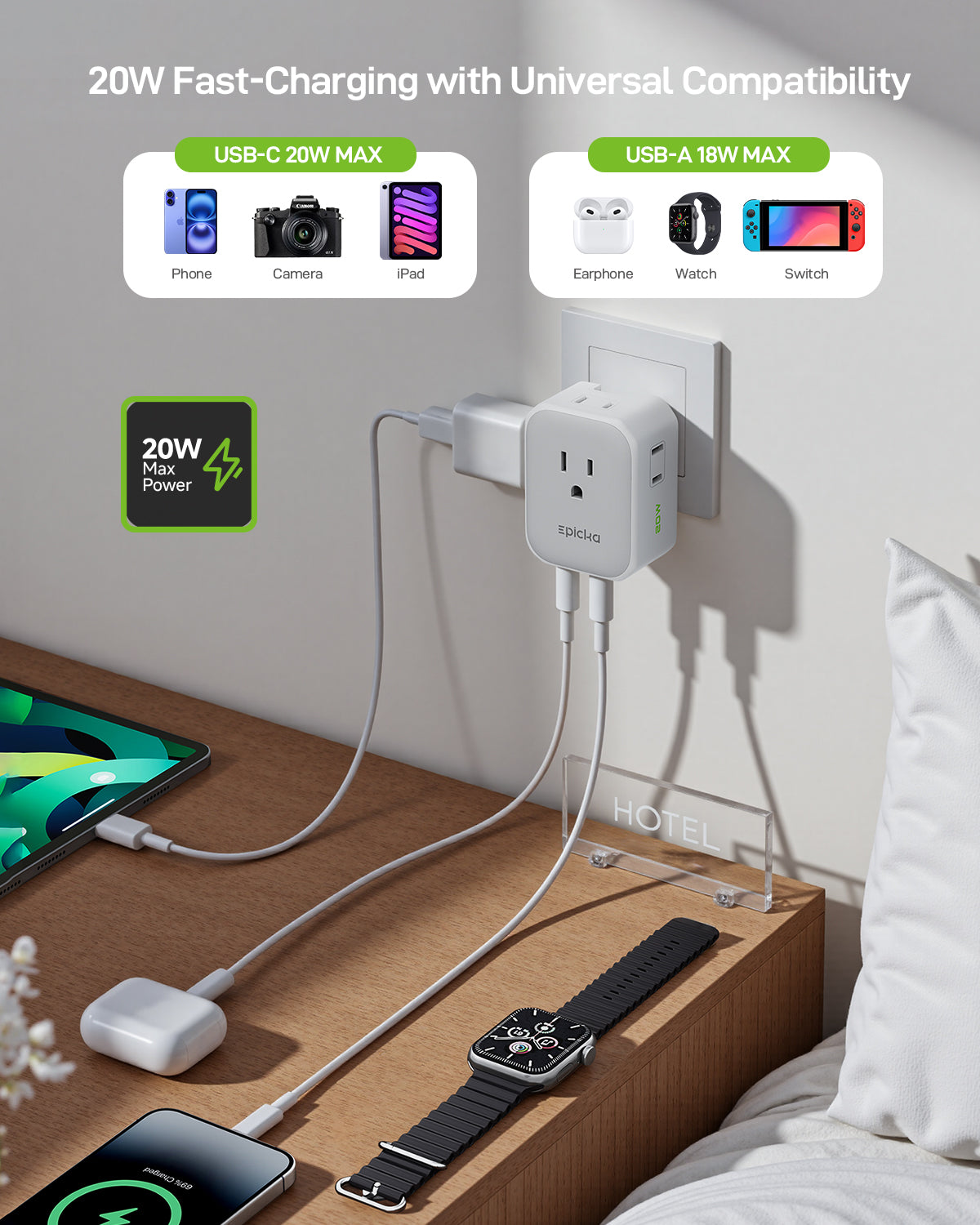 Hybrid 8-in-1 Abroad Travel Adapter with 20W Fast Charging