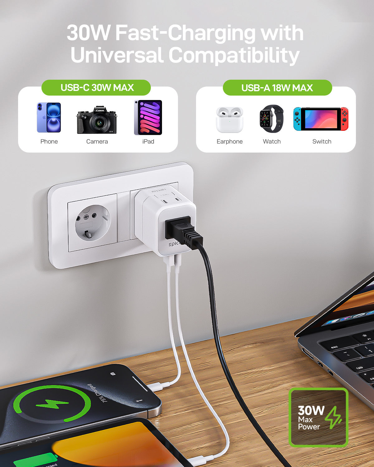 Hybrid Mini Abroad Travel Adapter with 30W Fast Charging
