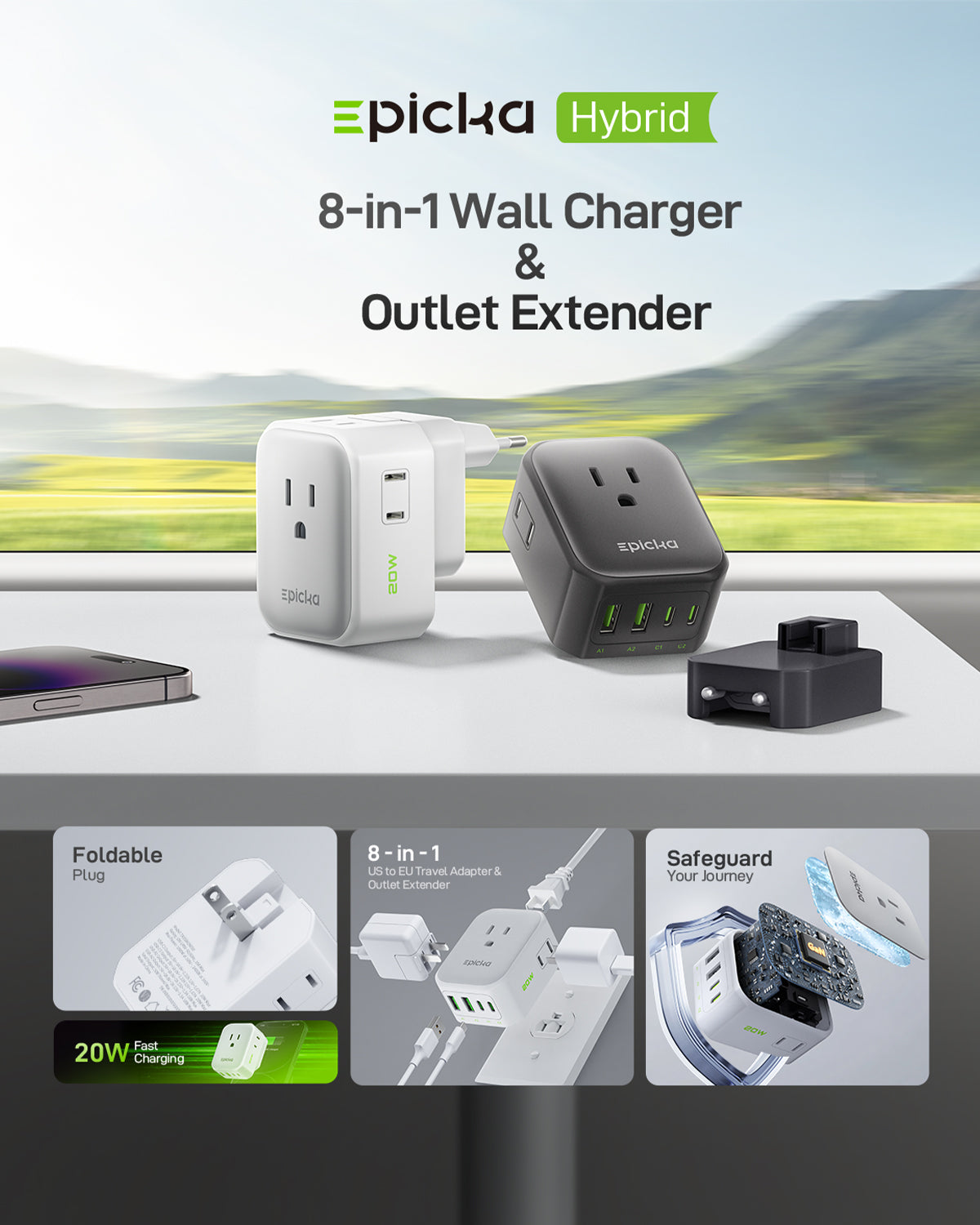 Hybrid 8-in-1 Abroad Travel Adapter with 20W Fast Charging