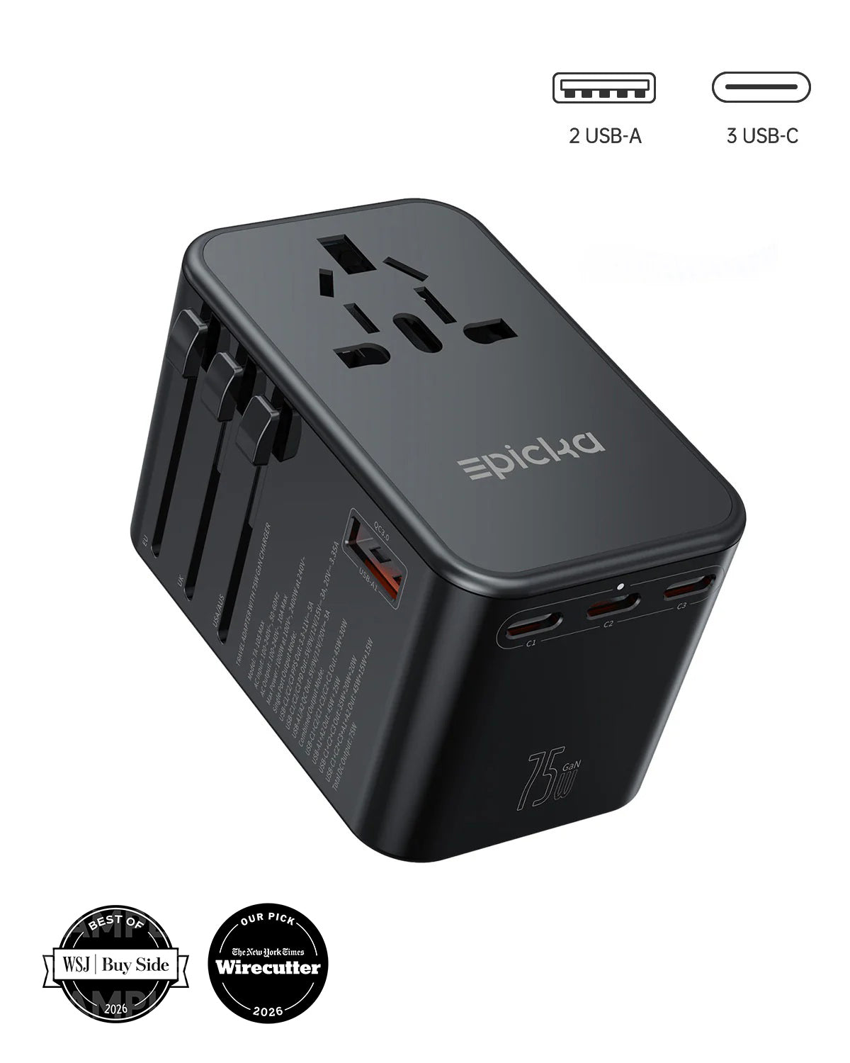 Epicka TA-105 Max Fast Charging Universal Travel Adapter (GaN 75W, 6-Ports)