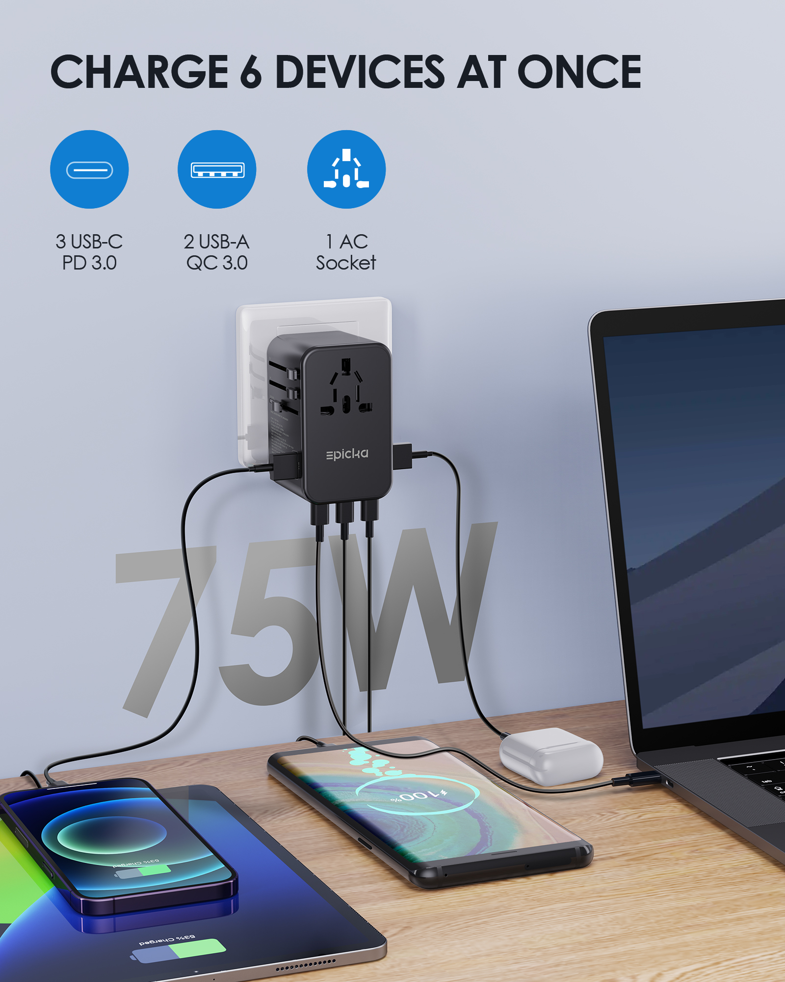 TA-105 Max Universal-Reiseadapter GaN 75 W Schnellladung