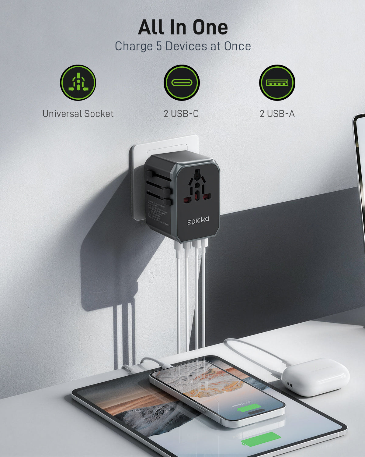 Epicka TA-104e Universal Travel Adapter (17W, 4-Ports)