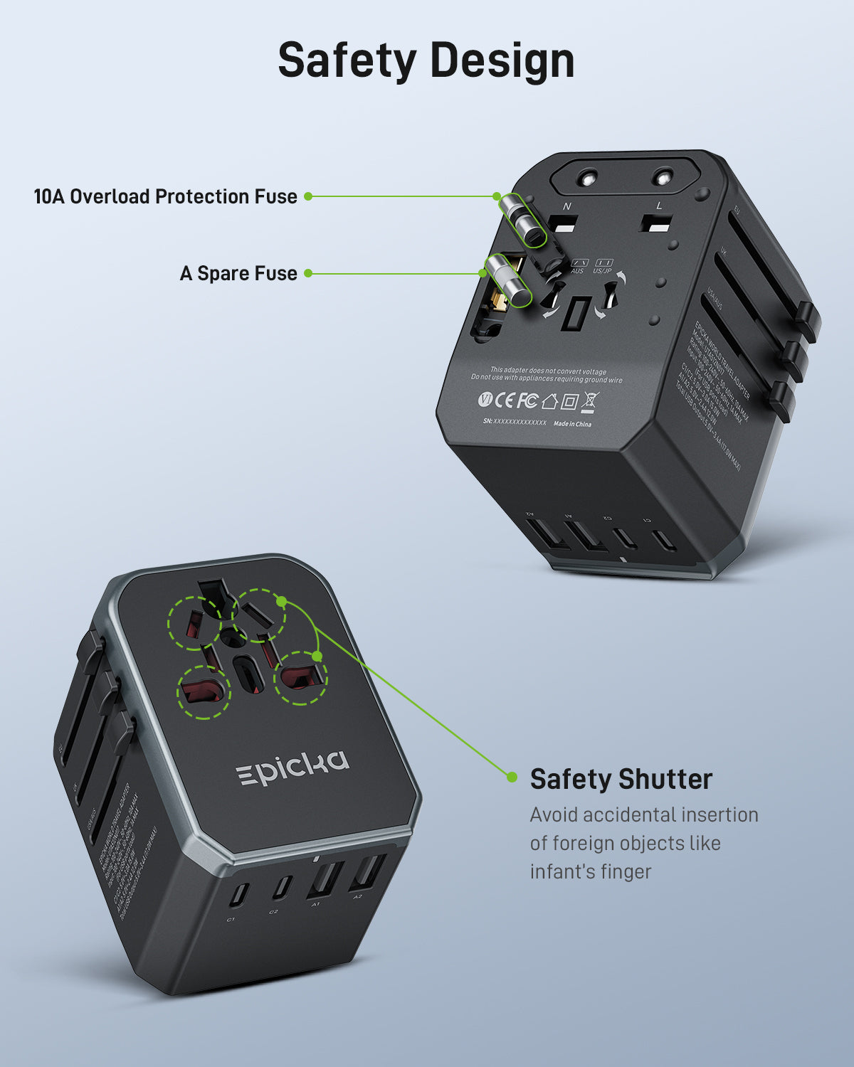 Epicka TA-104e Universal Travel Adapter (17W, 4-Ports)
