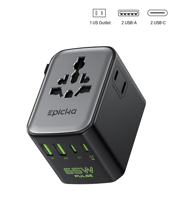 Epicka Pulse Duo 65W Fast Charging Universal Travel Adapter (GaN 65W, 6-Ports)