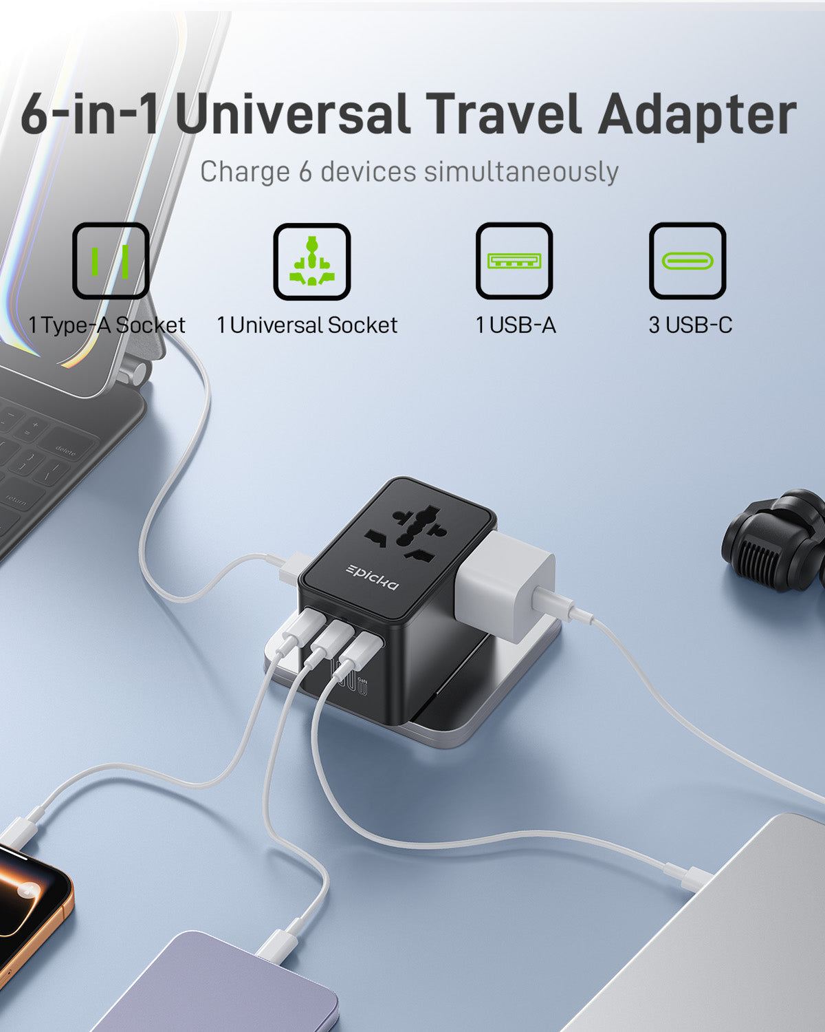 Epicka TA-204 High-Power Universal Travel Adapter (GaN 100W, 6 Ports)