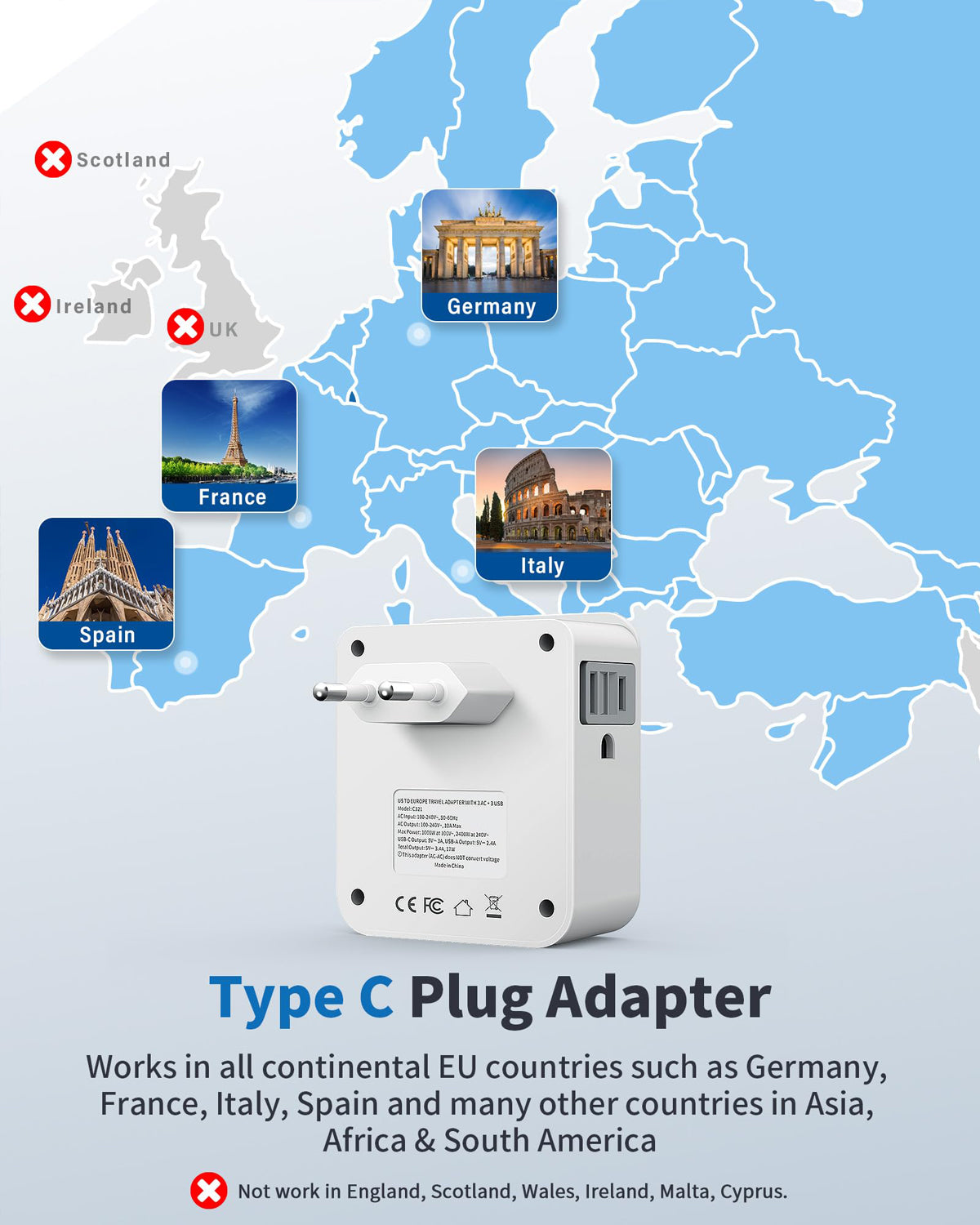International Power Adapter Travel Plug - 4 USB Ports Universal Work for  150 Countries - 120 Volt Adapter - Adapter Type C Type A Type G Type I f  for