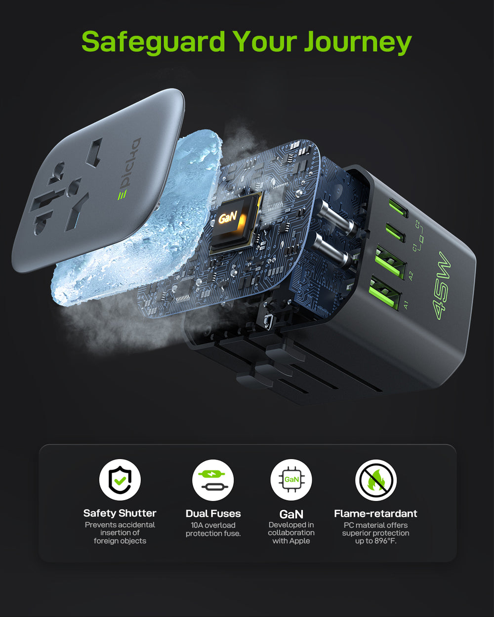 Epicka Pulse 45W Fast Charging Universal Travel Adapter (GaN 45W, 5-Po